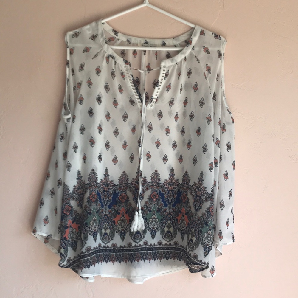 Black Rainn sheer front-tie cold shoulder top, size L